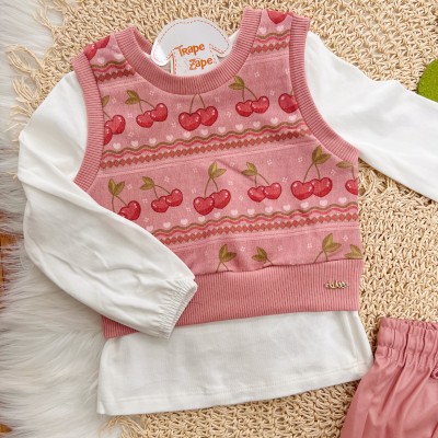 Conj. Colete Cerejinhas, Blusa Manga Longa e Short - Rose
